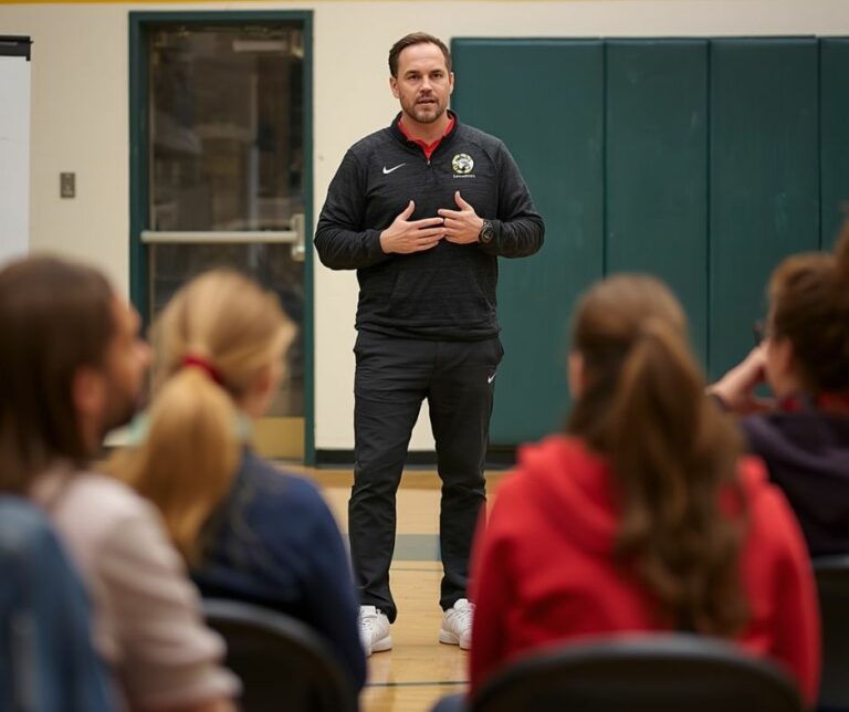 coach presenting at a youth sports parent meeting before the season begins